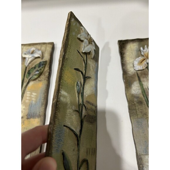 Vintage Set Of 3 Signed by S. Vassileva Relief Ceramic Flower Wall Art - 9" x 4” - Picture 4 of 9